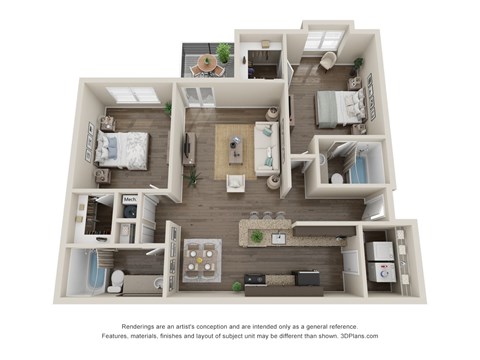 A 3D floor plan of a house with a kitchen, living room, and two bedrooms.